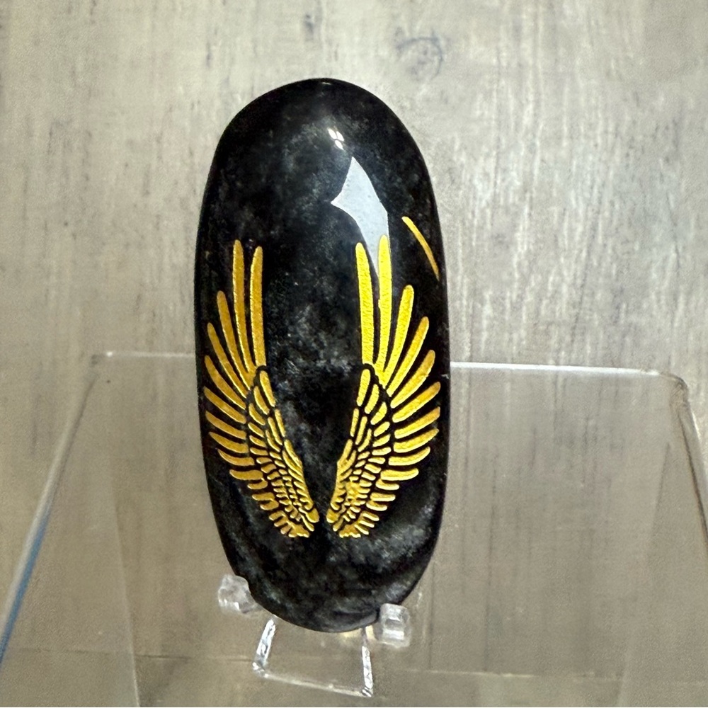 Silver Sheen Black Obsidian Palm Stone W/ Gold Etched Angel Wings Crystal - Picture 4 of 6